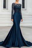 Gorgeous Navy Mermaid Satin Mother of the Bride Dress with Lace Applique