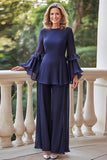 2 Piece Navy Chiffon Flutter Sleeves Mother of the Bride Pantsuit