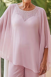 2 Piece Pink Chiffon Mother of the Bride Pantsuit with Cape