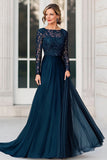 Navy Chiffon A-Line Applique Mother of the Bride Dress