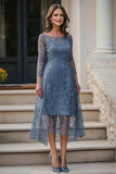 Dusty Blue Lace Scoop Neck A-Line Mother of the Bride Dress