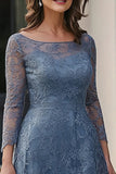 Dusty Blue Lace Scoop Neck A-Line Mother of the Bride Dress