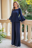 Navy 2 Piece Chiffon Flutter Sleeves Maxi Mother of the Bride Pantsuit
