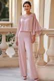 Pink 2 Piece Chiffon Beaded Flutter Sleeves Mother of the Bride Pantsuit