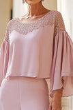 Pink 2 Piece Chiffon Beaded Flutter Sleeves Mother of the Bride Pantsuit