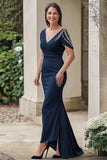 V-Neck Sheath Navy Beaded Mother of the Bride Dress