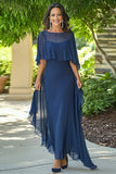 Navy Chiffon Ruffled Sheath Mother of the Bride Dress with Wrap