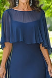 Navy Chiffon Ruffled Sheath Mother of the Bride Dress with Wrap