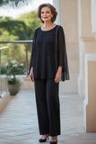 2 Piece Scoop Neck Chiffon Black Mother of the Bride Pantsuit