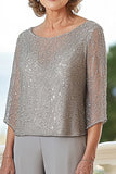 2 Piece Grey Chiffon 3/4 Sleeves Mother of the Bride Pantsuit