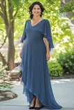 V-Neck Dusty Blue Chiffon Asymmetrical Mother of the Bride Dress with Ruffles