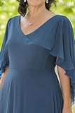 V-Neck Dusty Blue Chiffon Asymmetrical Mother of the Bride Dress with Ruffles