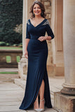 V-Neck Navy Beaded Sheath Mother of the Bride Dress with Slit