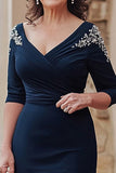 V-Neck Navy Beaded Sheath Mother of the Bride Dress with Slit