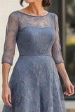 Lace Dusty Blue Tea Length A-Line Mother of the Bride Dress