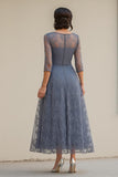 Lace Dusty Blue Tea Length A-Line Mother of the Bride Dress