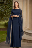 Navy Chiffon A-Line Mother of the Bride Dress with Flutter Sleeves