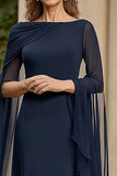 Navy Chiffon A-Line Mother of the Bride Dress with Flutter Sleeves