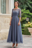 Dusty Blue Chiffon A-Line Mother of the Bride Dress with Lace Applique