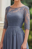 Dusty Blue Chiffon A-Line Mother of the Bride Dress with Lace Applique