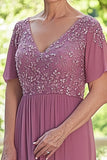 Dusty Rose V-Neck Chiffon A-Line Long Mother of the Bride Dress