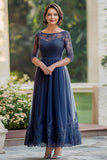 Navy Scoop Neck A-Line Lace Applique Mother of the Bride Dress