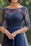 Navy Scoop Neck A-Line Lace Applique Mother of the Bride Dress