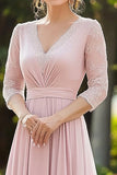 Pink V Neck A-Line Chiffon Applique Mother of the Bride Dress
