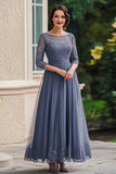 Dusty Blue A-Line Pleated Applique Mother of the Bride Dress