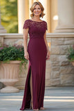 Burgundy Sheath Satin Short Sleeves Mother of the Bride Dress with Slit