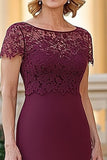 Burgundy Sheath Satin Short Sleeves Mother of the Bride Dress with Slit