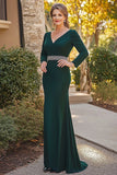 Dark Green V-Neck Sheath Satin Mother of the Bride Dress with Beading