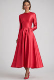 Coral Satin Long Sleeves A Line Tea Length Mother of the Bride Dress