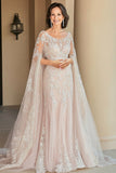 Floral Beige Scoop Sheath Applique Mother of the Bride Dress with Cape