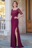 Burgundy Scoop Sheath Lace Half Sleeves Mother of the Bride Dress with Slit