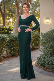 Satin Sheath Dark Green V Neck Mother of the Bride Dress with Beading