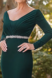 Satin Sheath Dark Green V Neck Mother of the Bride Dress with Beading