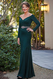 Elegant Dark Green V Neck Sheath Satin Mother of the Bride Dress with Beading
