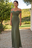 Olive Satin Off the ShoulderPleated Sheath Mother of the Bride Dress