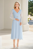 Sky Blue V-Neck Tea Length Mother of the Bride Dress with Lace Sleeves