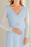 Sky Blue V-Neck Tea Length Mother of the Bride Dress with Lace Sleeves