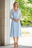 Chiffon V-Neck Sky Blue Tea Length A Line Mother of the Bride Dress