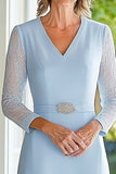 Chiffon V-Neck Sky Blue Tea Length A Line Mother of the Bride Dress