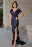 Navy V Neck Sheath Mother of the Bride Dress with Slit