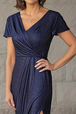 Navy V Neck Sheath Mother of the Bride Dress with Slit