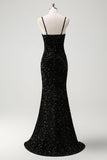 Sparkly Black Corset Mermaid Tassel Sequined Formal Dress with Slit