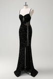 Sparkly Black Corset Mermaid Tassel Sequined Formal Dress with Slit