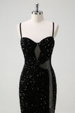 Sparkly Black Corset Mermaid Tassel Sequined Formal Dress with Slit