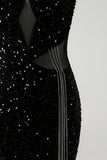Sparkly Black Corset Mermaid Tassel Sequined Formal Dress with Slit