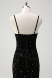 Sparkly Black Corset Mermaid Tassel Sequined Formal Dress with Slit